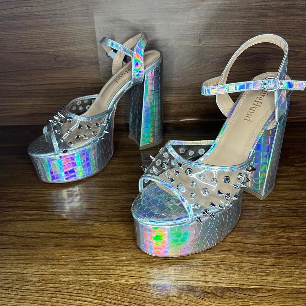 Holographic studded metallic chunky platform sandals heeled transparent